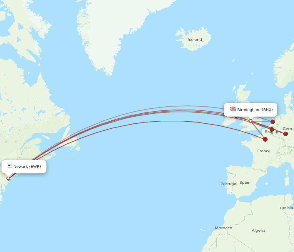 EWR to BHX flights and routes map
