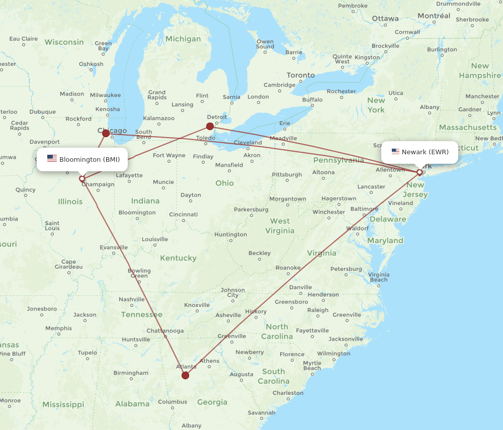 EWR-BMI flight routes