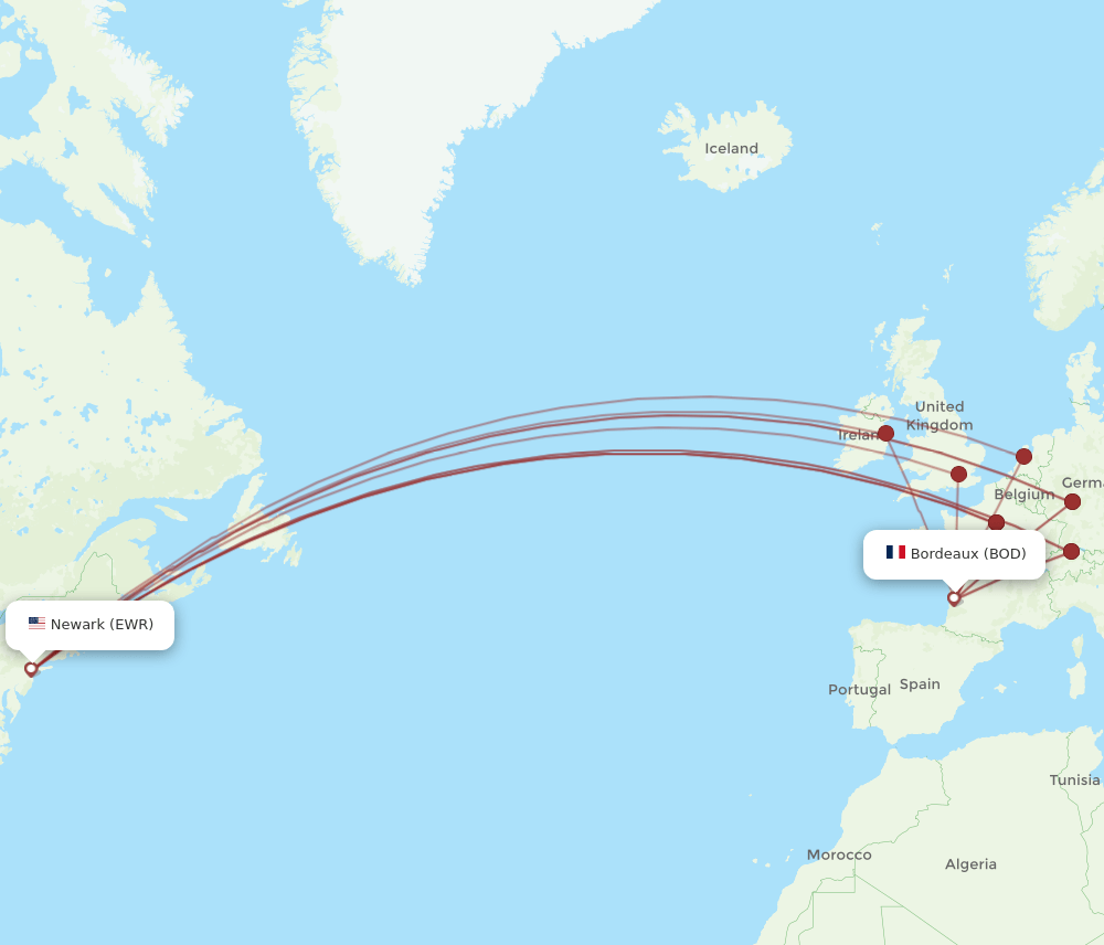 EWR to BOD flights and routes map