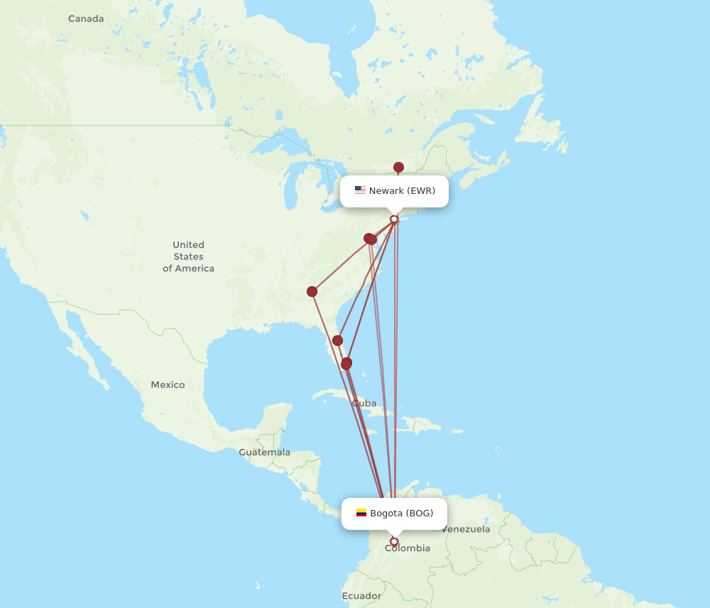 EWR to BOG flights and routes map