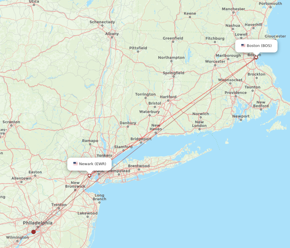 Newark - Boston route map and flight paths