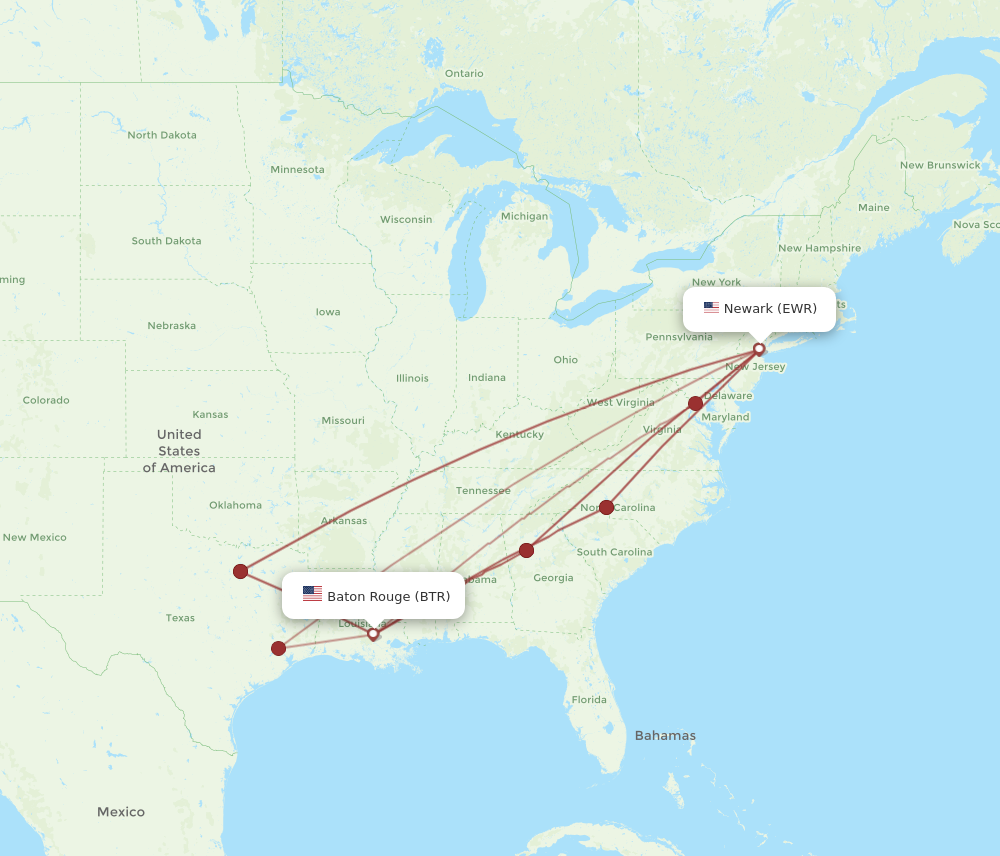 EWR to BTR flights and routes map