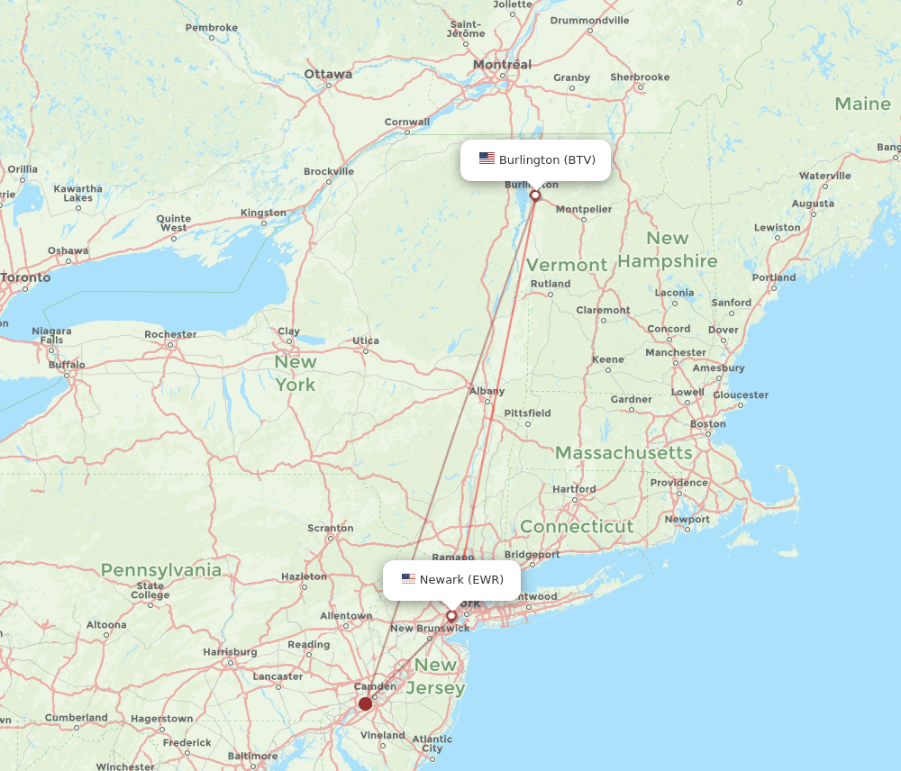 New York - Burlington route map and flight paths
