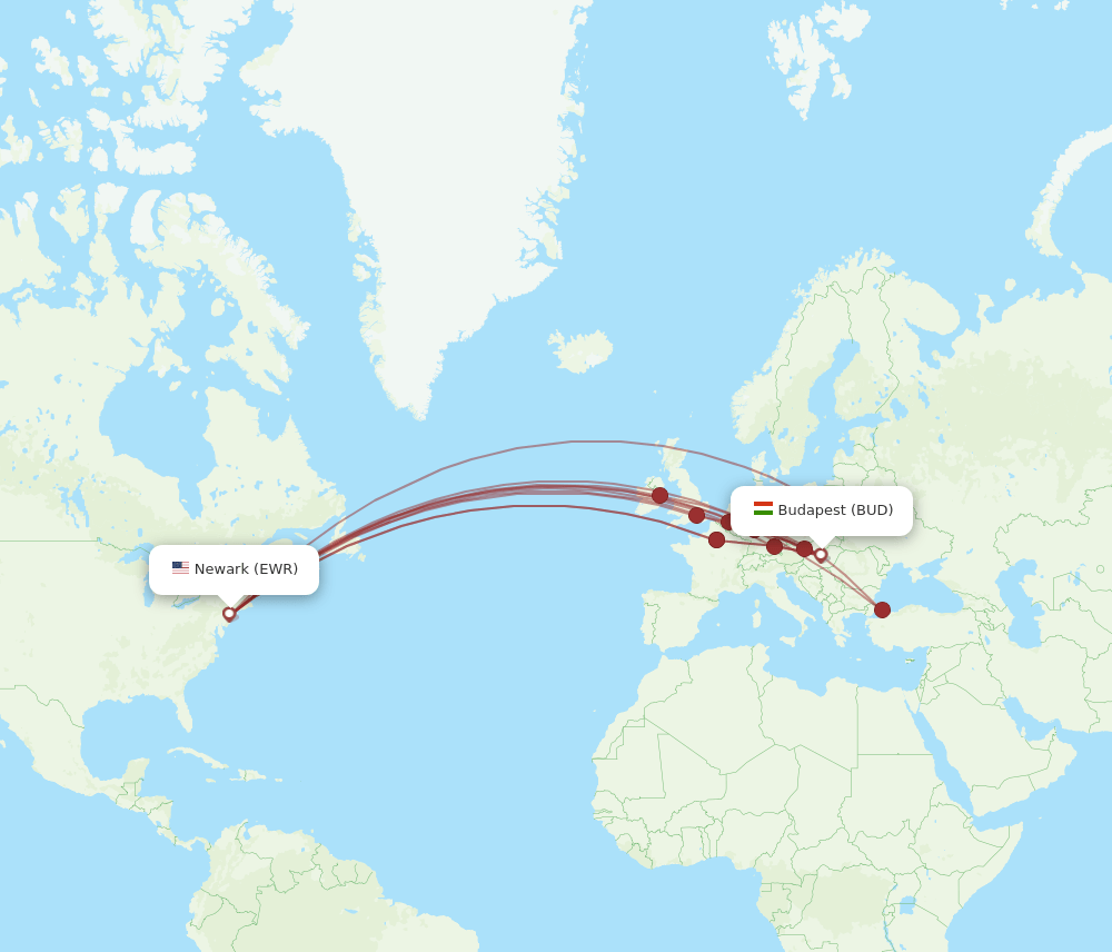 EWR to BUD flights and routes map