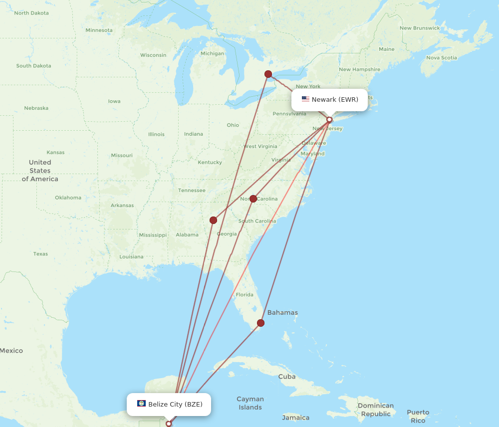 EWR to BZE flights and routes map