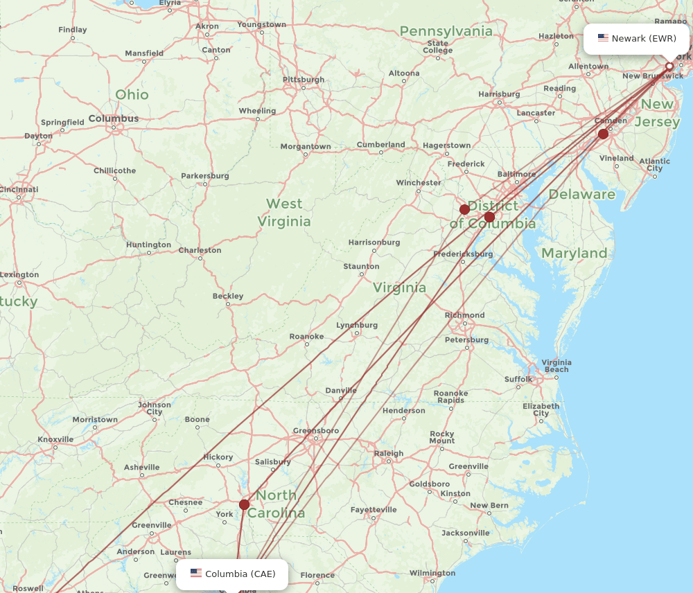 EWR to CAE flights and routes map