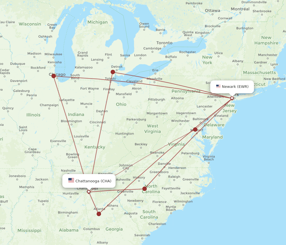 EWR-CHA flight routes