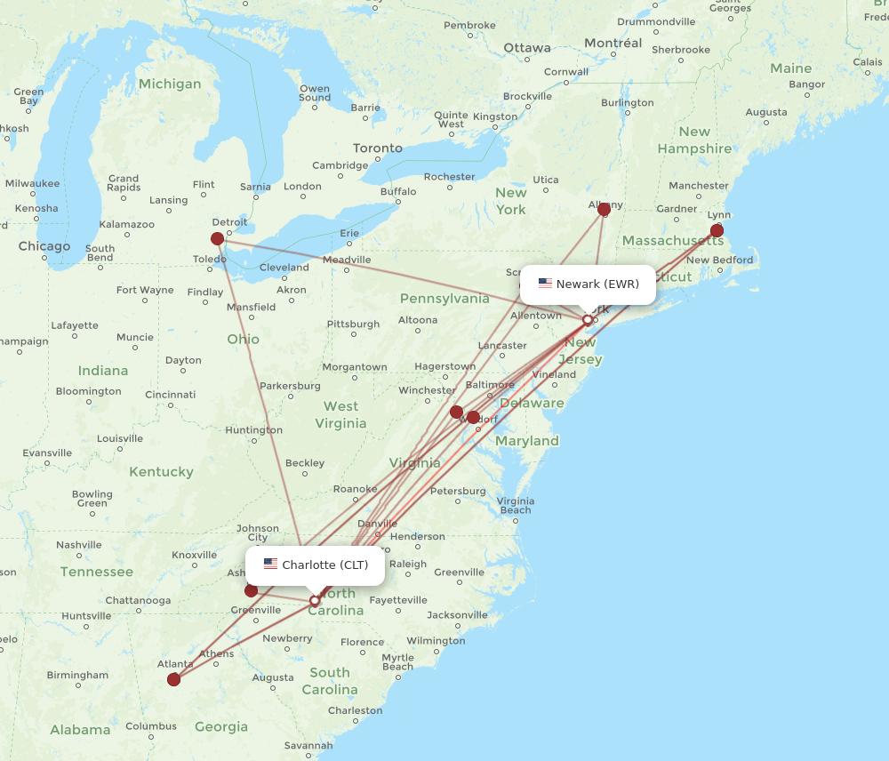 EWR to CLT flights and routes map