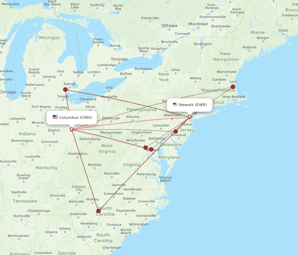 EWR to CMH flights and routes map