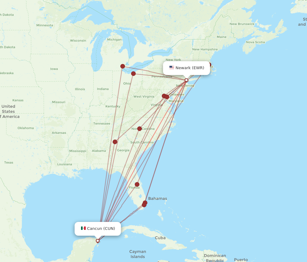 EWR to CUN flights and routes map