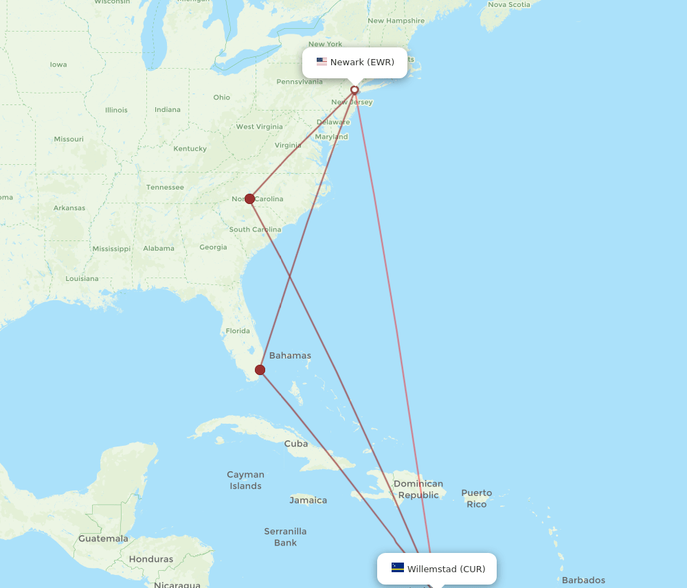 EWR-CUR flight routes