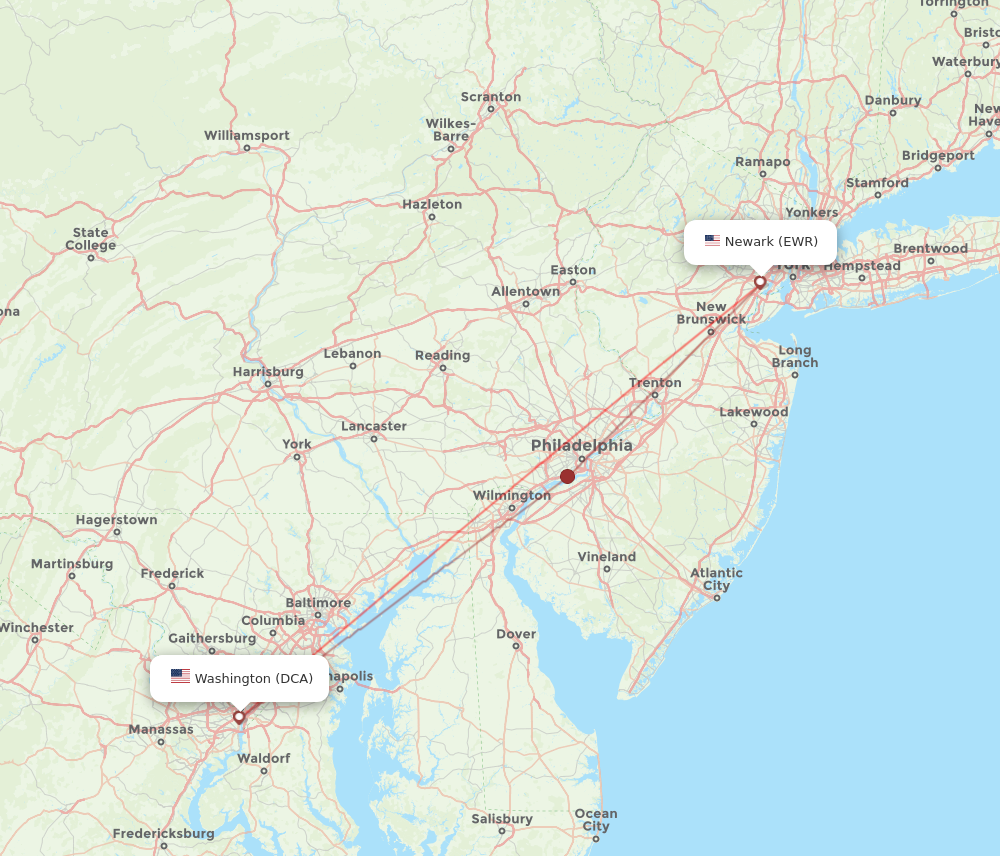 EWR to DCA flights and routes map