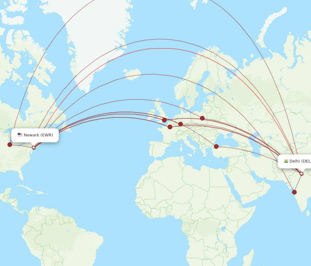 EWR to DEL flights and routes map