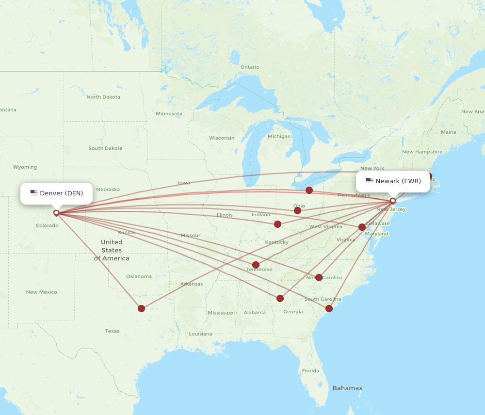 New York - Denver route map and flight paths