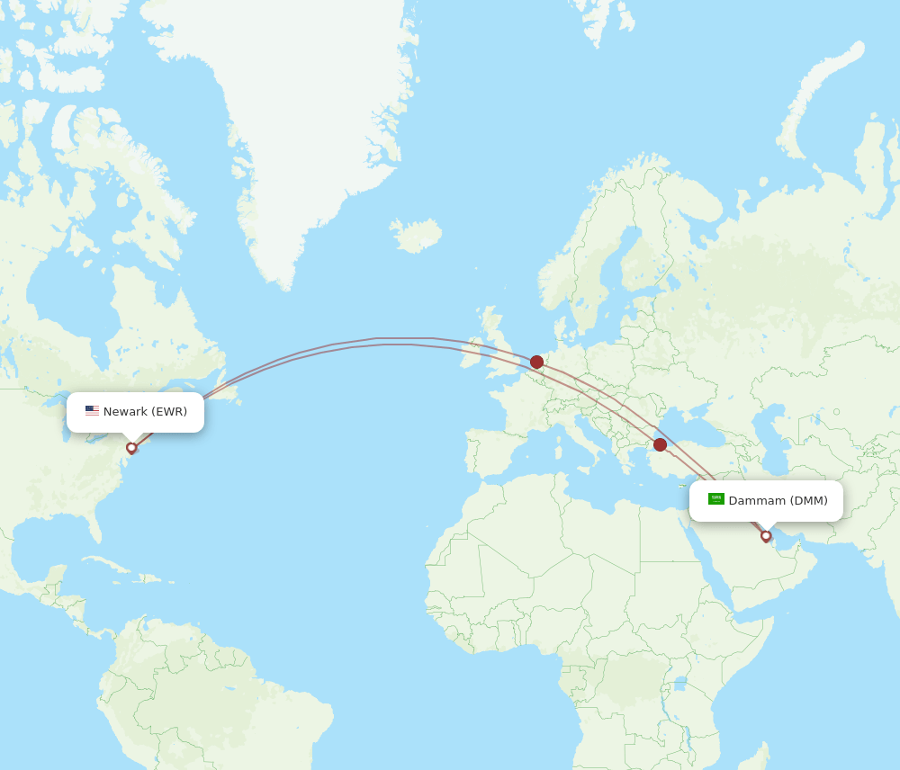 EWR to DMM flights and routes map