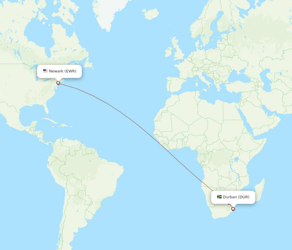 EWR to DUR flights and routes map