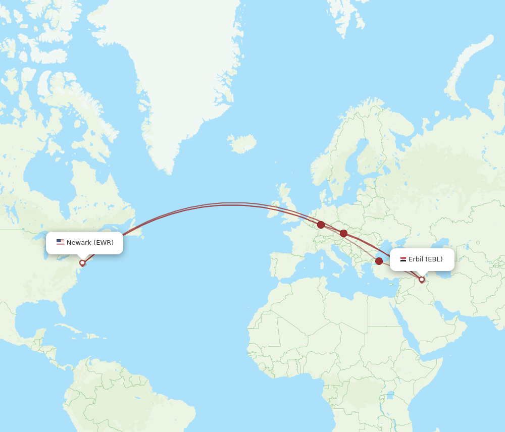 Erbil - New York route map and flight paths