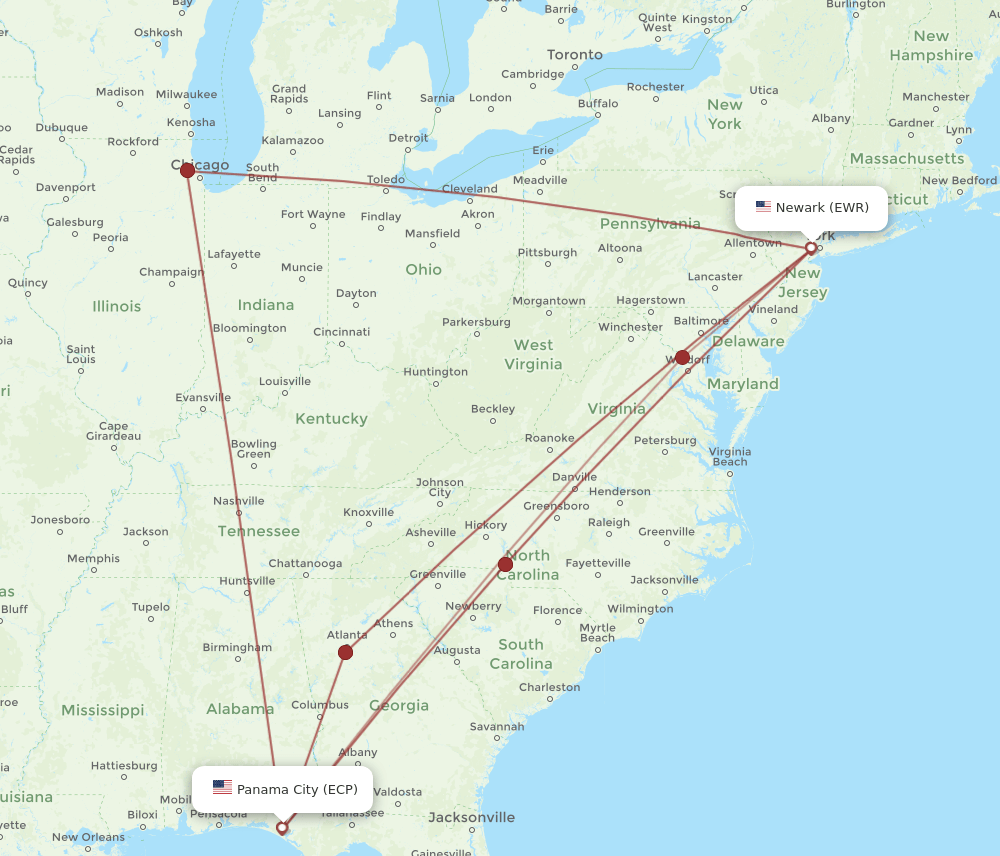 EWR to ECP flights and routes map