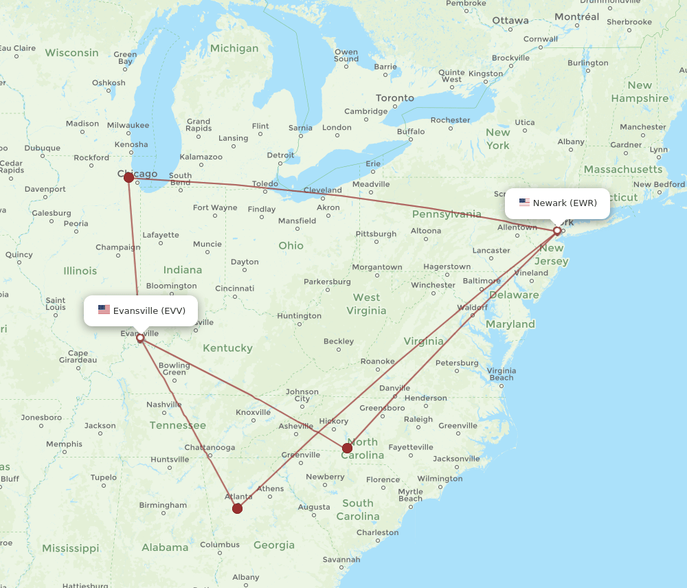 EWR to EVV flights and routes map