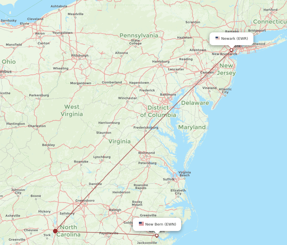 EWR to EWN flights and routes map