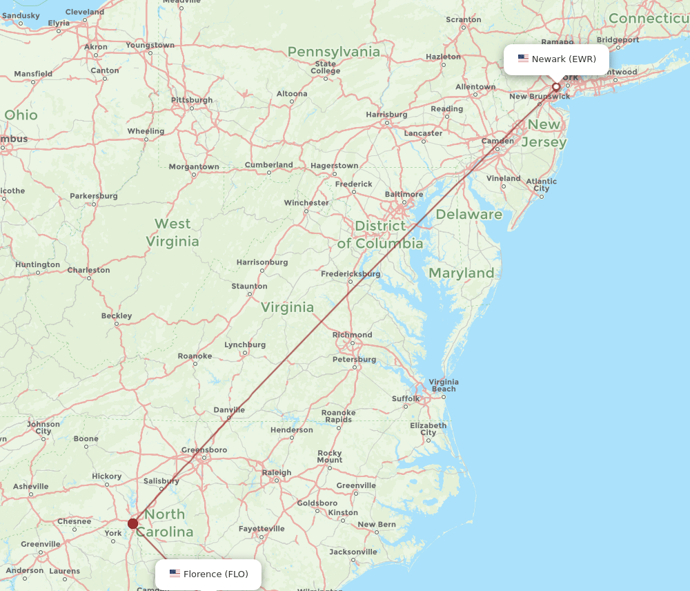 EWR to FLO flights and routes map
