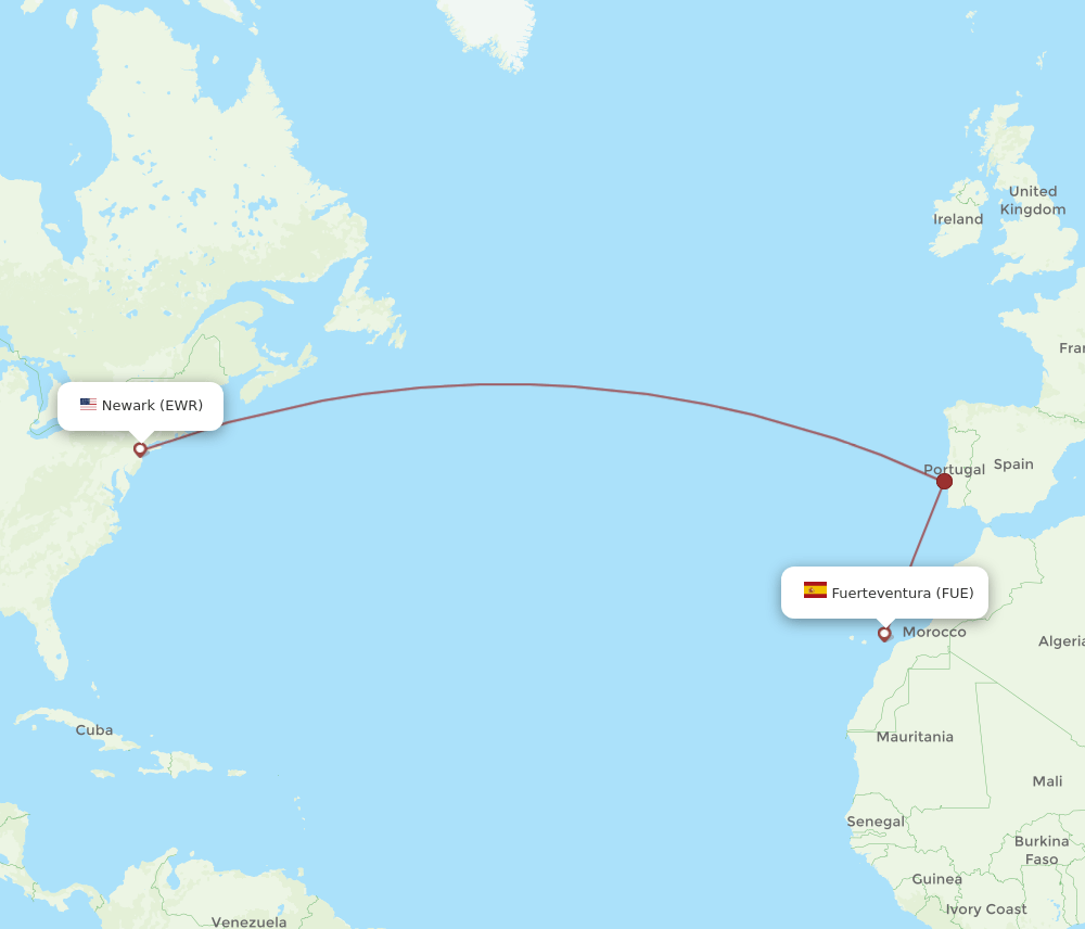 New York - Puerto del Rosario route map and flight paths