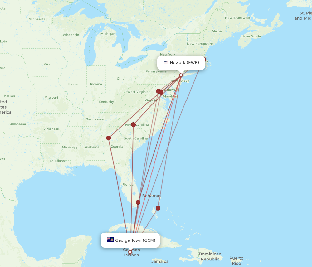 EWR to GCM flights and routes map