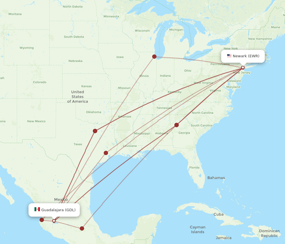 EWR-GDL flight routes