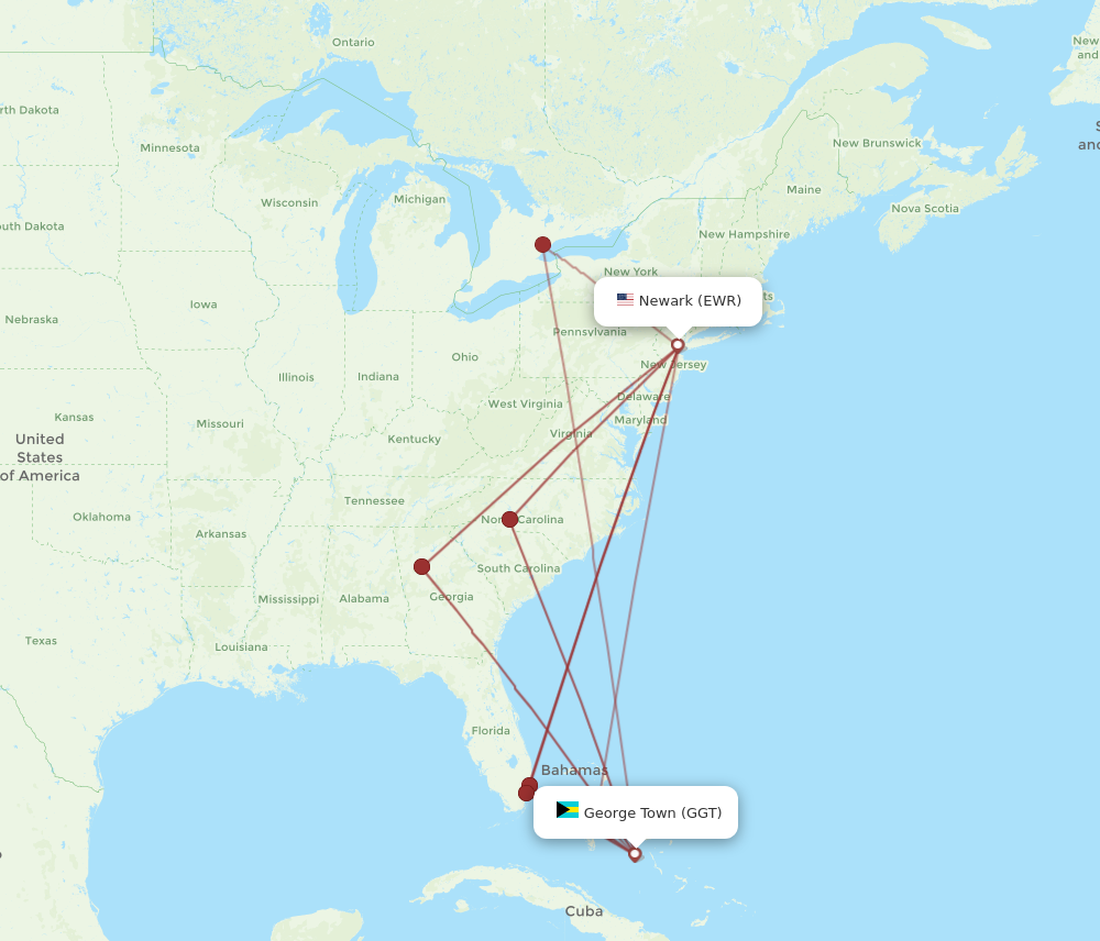 EWR to GGT flights and routes map