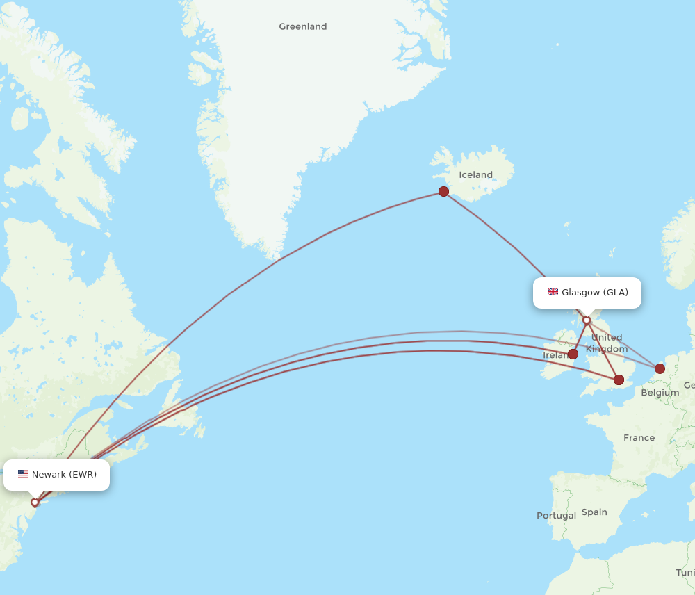 EWR to GLA flights and routes map
