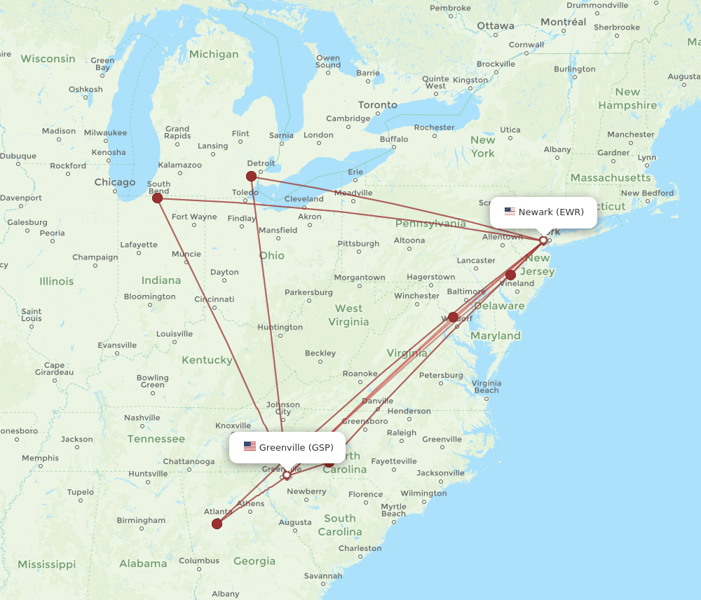 EWR-GSP flight routes