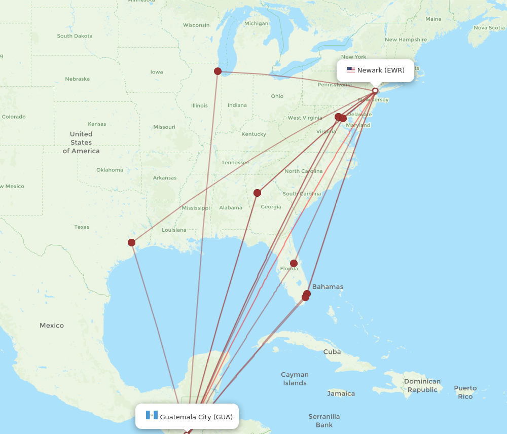 EWR to GUA flights and routes map