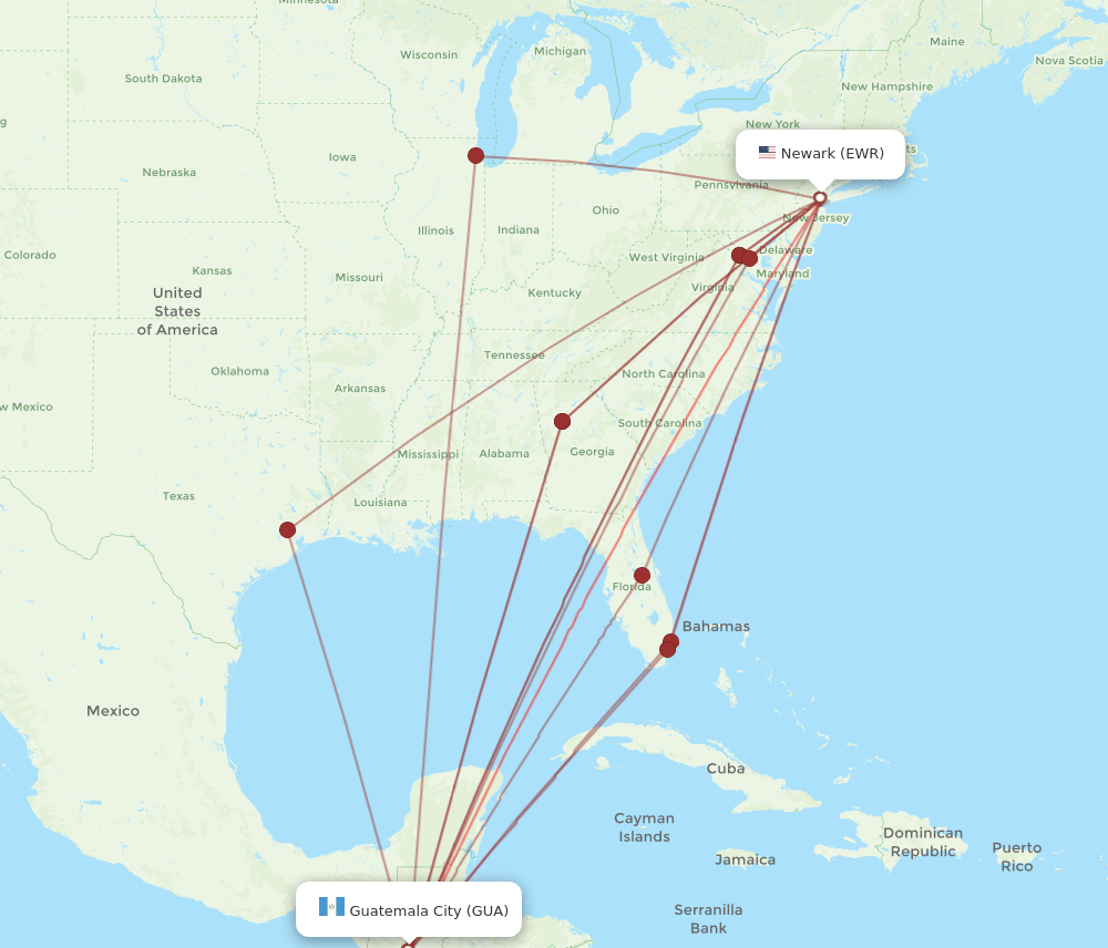 EWR-GUA flight routes