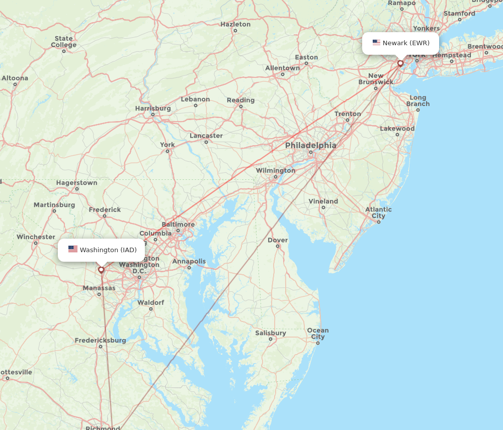 EWR to IAD flights and routes map