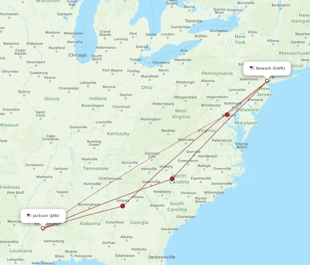 EWR to JAN flights and routes map