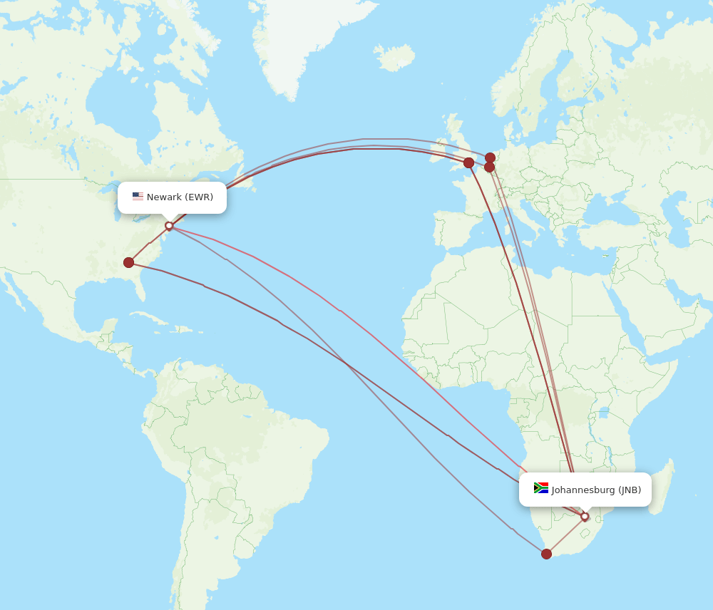 EWR to JNB flights and routes map