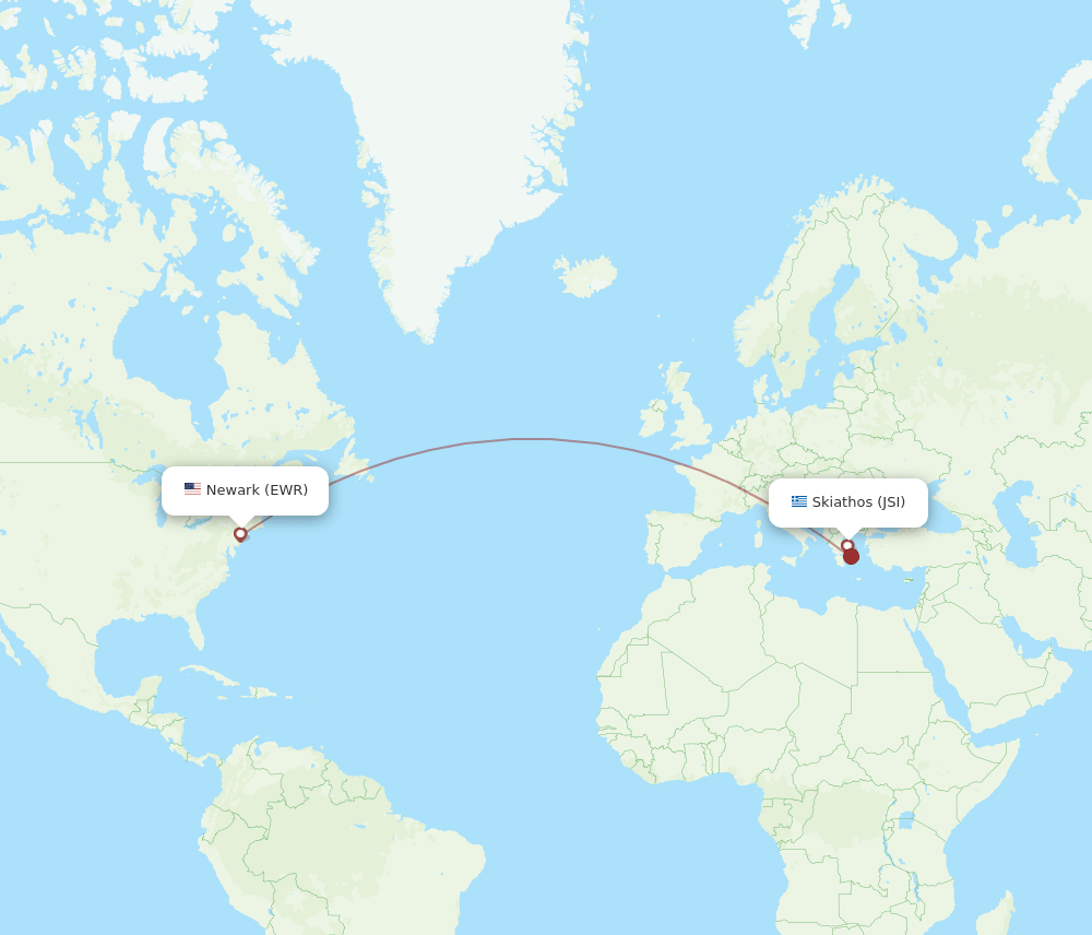 Skiathos - New York route map and flight paths