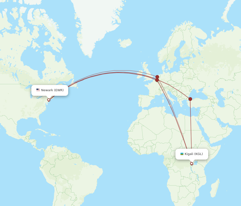 Kigali - New York route map and flight paths
