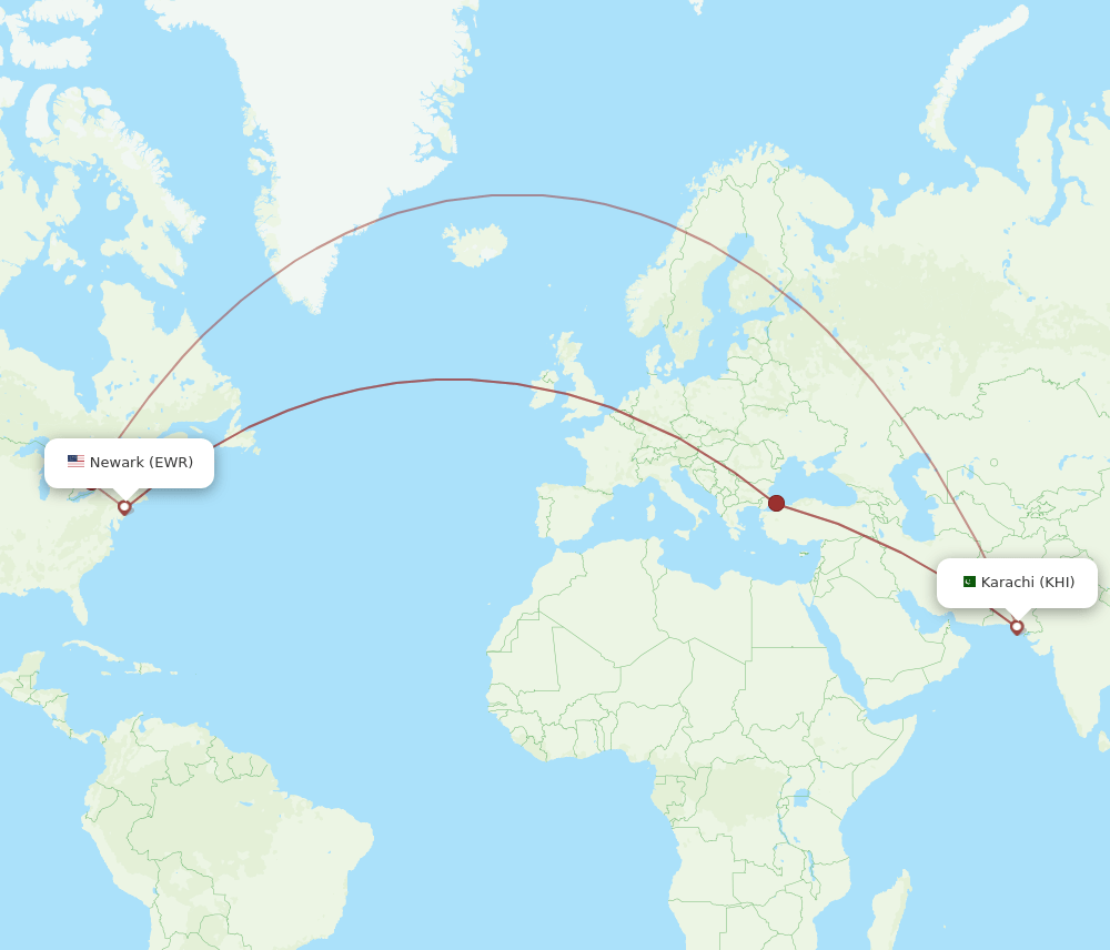 EWR to KHI flights and routes map