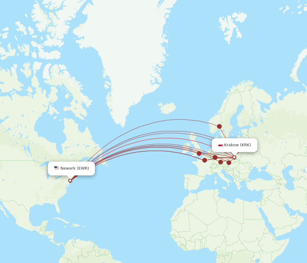 EWR-KRK flight routes