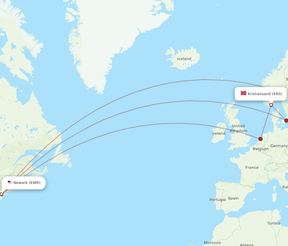 EWR-KRS flight routes