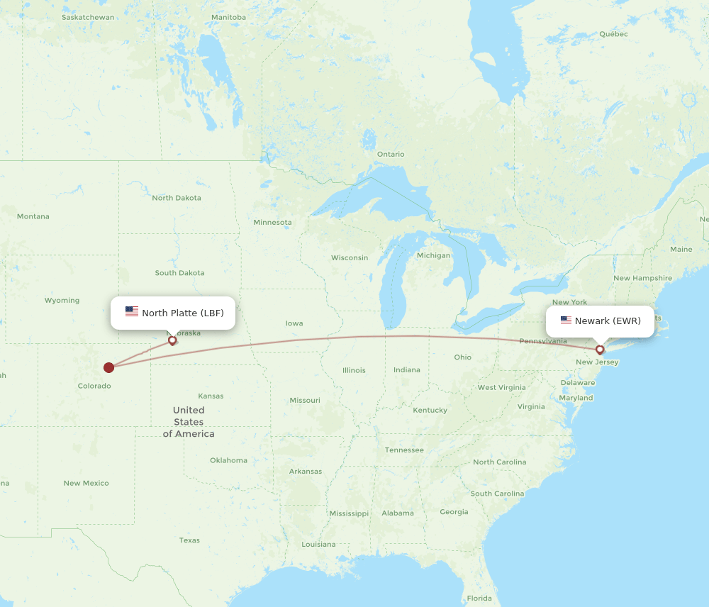 EWR to LBF flights and routes map