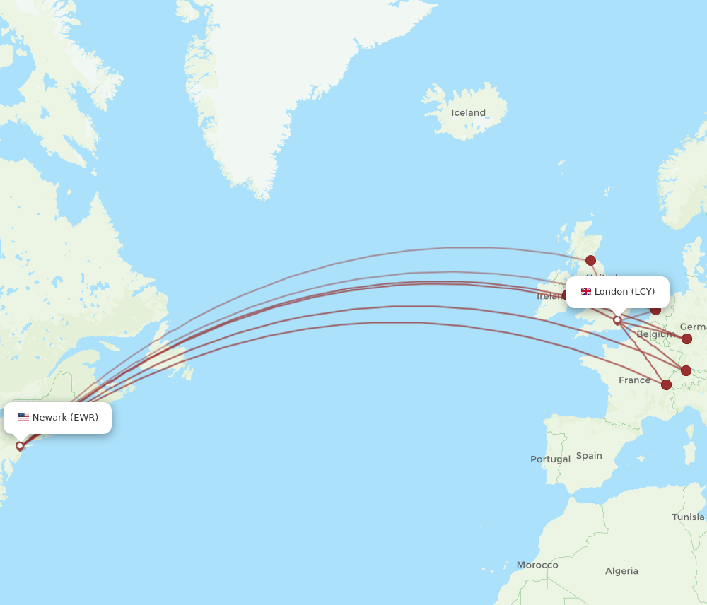 EWR to LCY flights and routes map