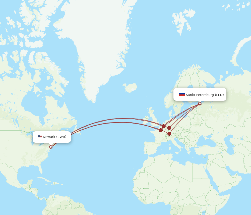 New York - Saint Petersburg route map and flight paths
