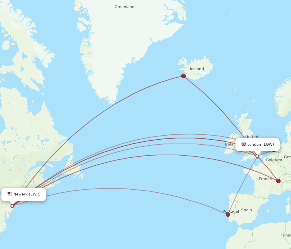 EWR to LGW flights and routes map