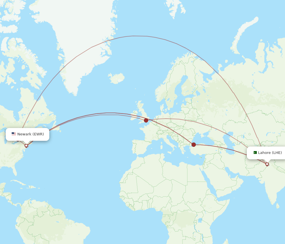 EWR-LHE flight routes