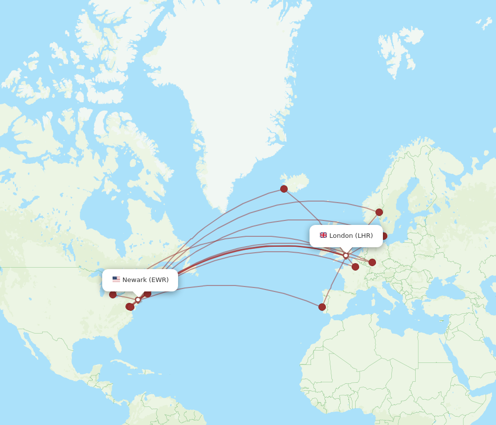 EWR to LHR flights and routes map