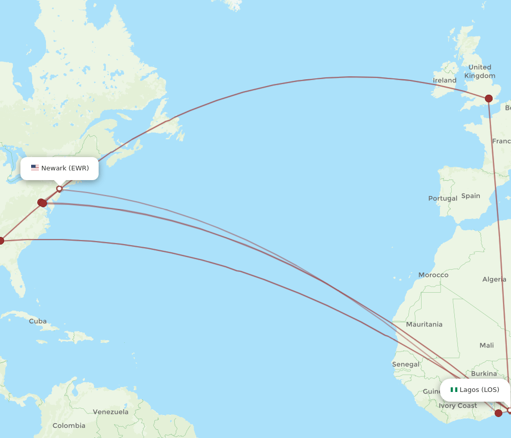 EWR to LOS flights and routes map