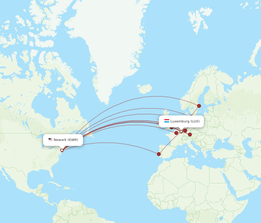 EWR to LUX flights and routes map
