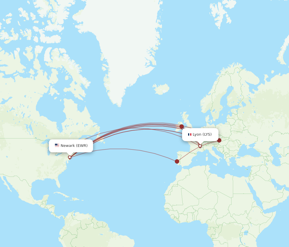EWR to LYS flights and routes map